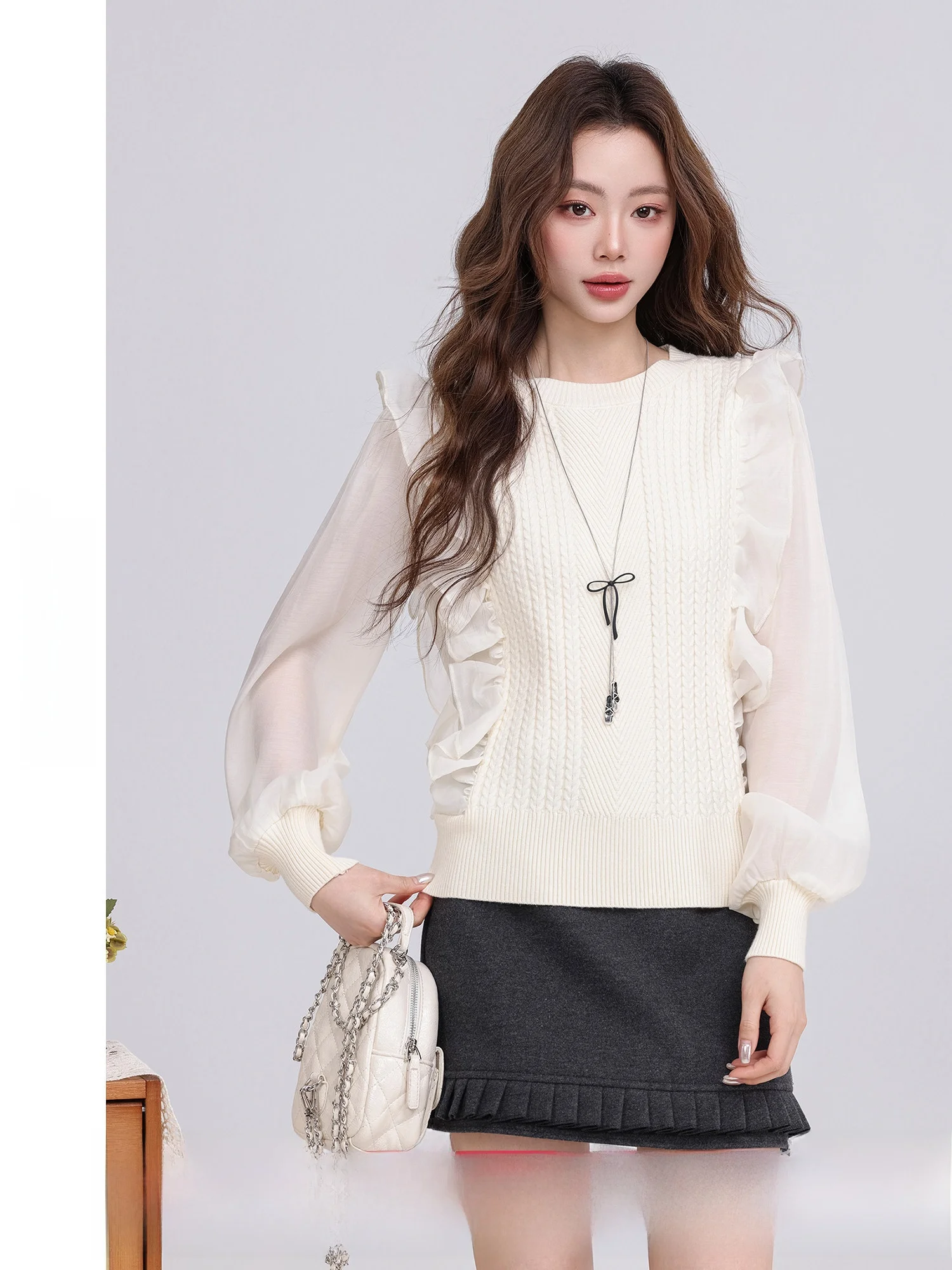 

Новинка: Нежный белый вязаный топ с кружевной отделкой и узором «Снежинка», полиэстер, длинный рукав, 02/24 2000