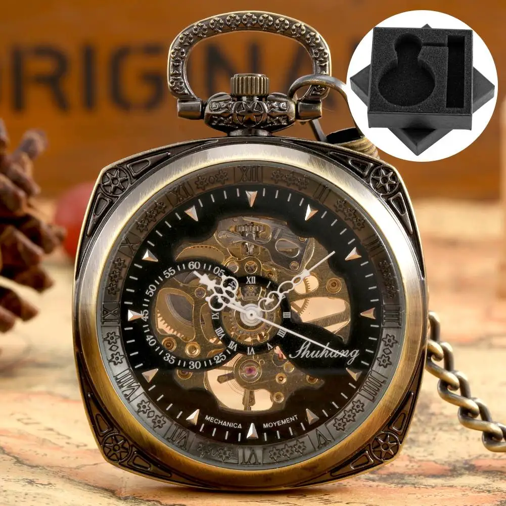 

Бронзовые квадратные механические карманные часы с ручным заводом, карманные часы с открытым лицом в стиле ретро, подарок для мужчин, карманная цепочка 30 см