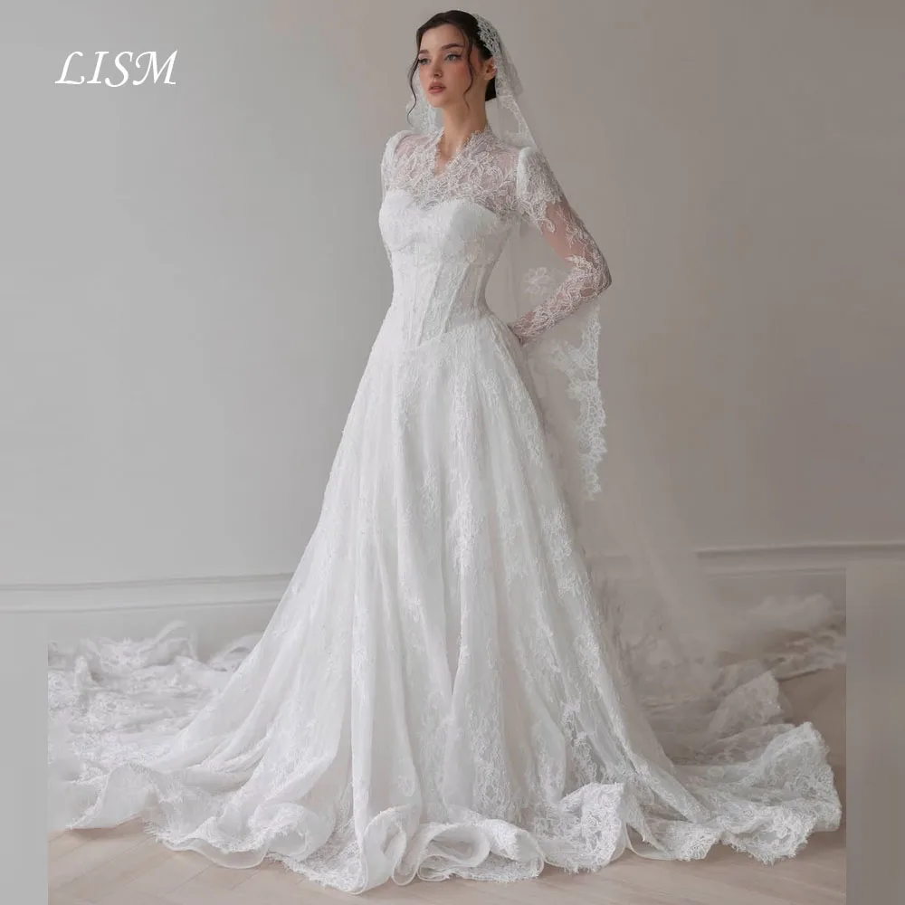 Lism luxo feminino vestidos de casamento alta pescoço mangas completas renda de seda elegante vestido de noiva personalizado a linha vestido de noiva 2026