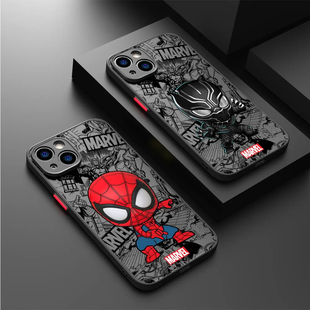 Case for iPhone 12 Mini 15 Pro 7 6S XR 14 Pro Max SE 13 8 Plus 11 Pro XS X Cute Marvel Black Panther Spiderman Matte Cover