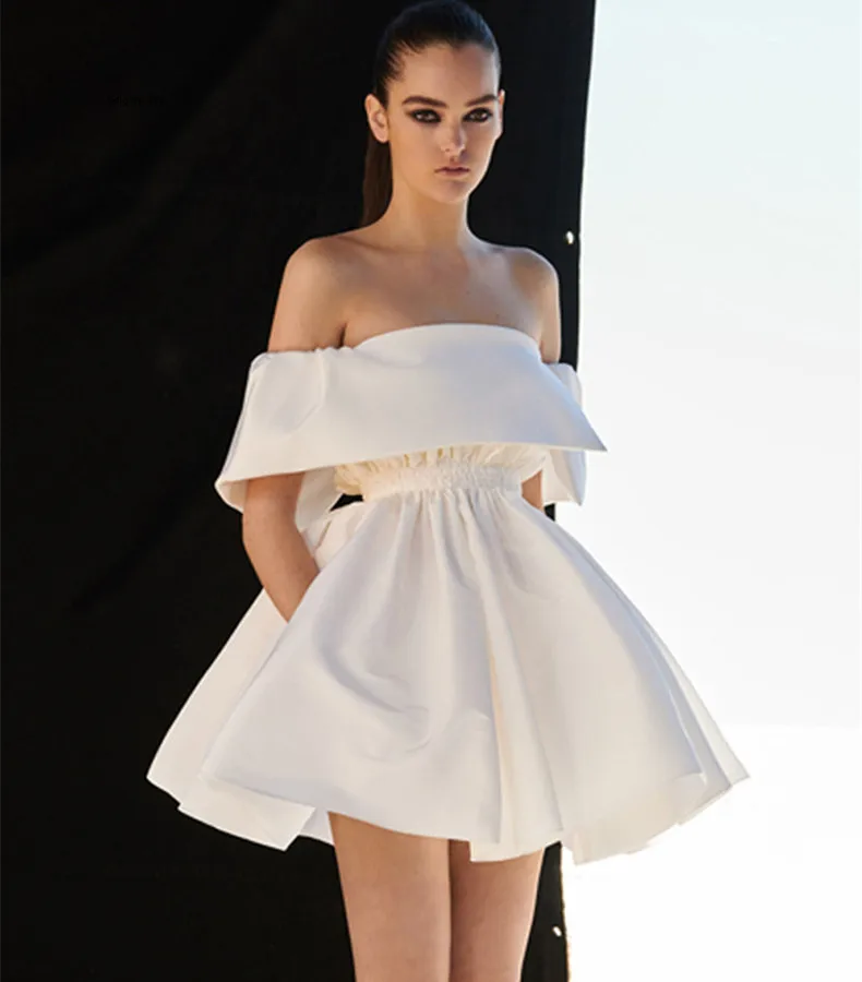 

Lingzhi Wu White Dress French Design Slash Neck Strapless Ladies Formal Vestidos Top Quality Female Short Dresses Ruffles A-Line