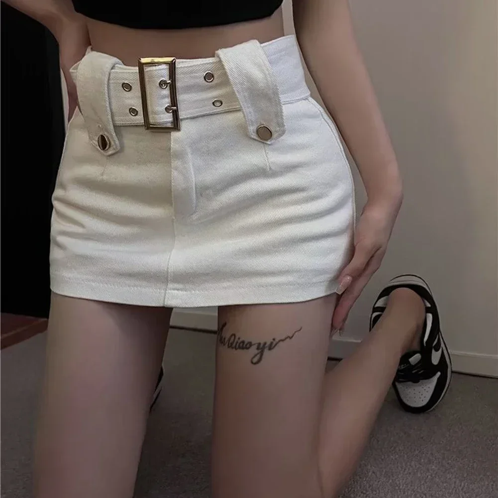 한국 여성 하이웨이스트 A라인 짧은 스커트, 섹시한 힙커버 스커트, 벨트 포함