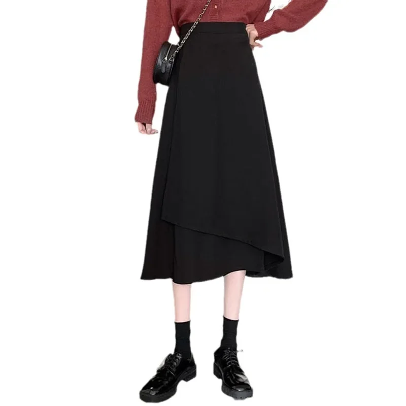 

High Waisted Long Skirt for Women Casual Length Loose and Slim Hanging Feeling Large Swing A-line Black Autumn Winter New 2024