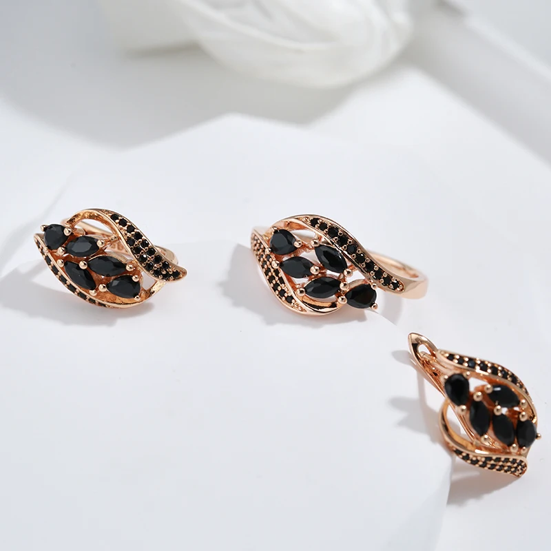 SYOUJYO New 585 Rose Golden Women\'s Ring With Water Drop Black Natural Zircon Elegant Party Wedding Jewelry Luxury Design