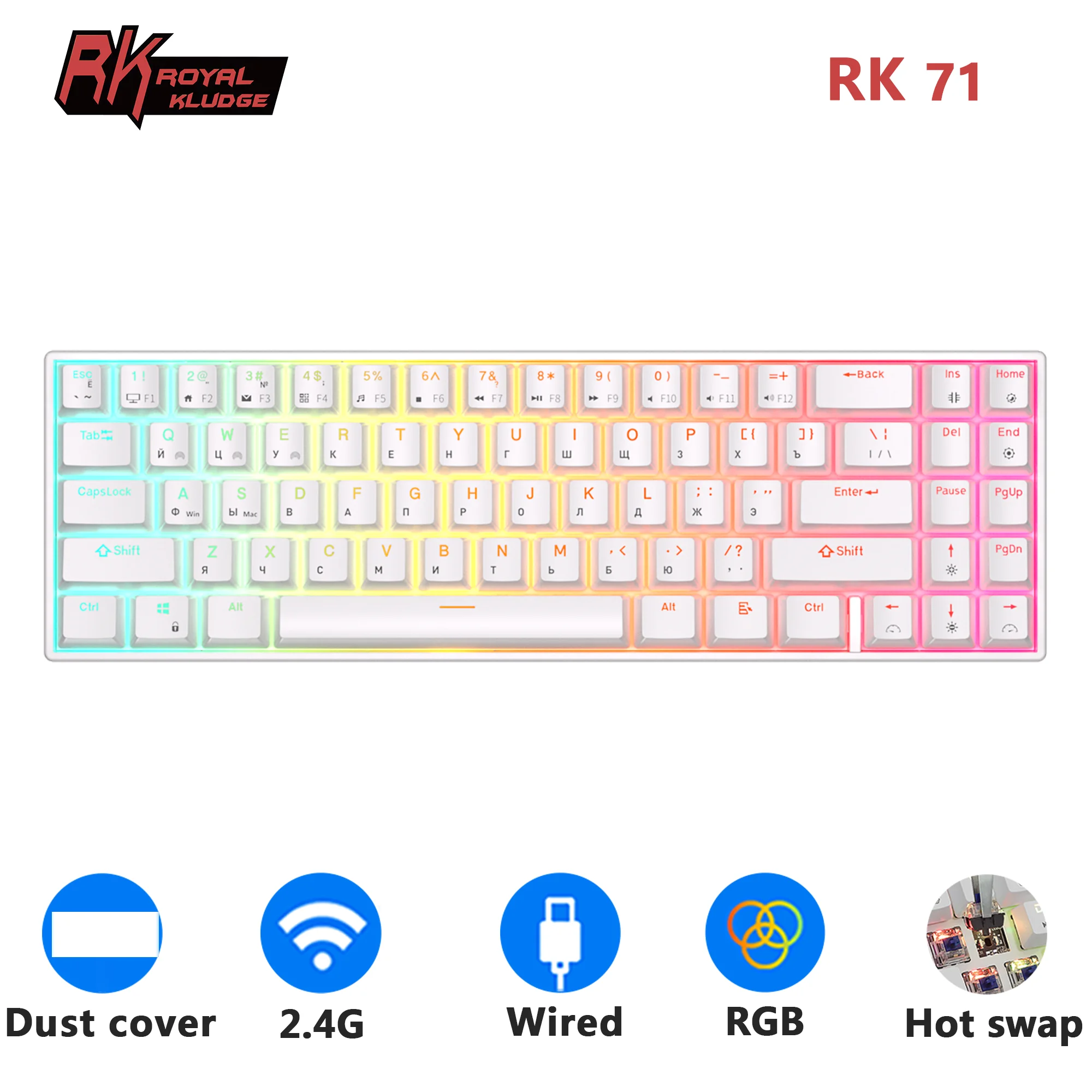 

RK ROYAL KLUDGE RK71 Русская механическая клавиатура 71-клавишная 70% RGB-подсветка, двухрежимная беспроводная игровая клавиатура BT Bluetooth
