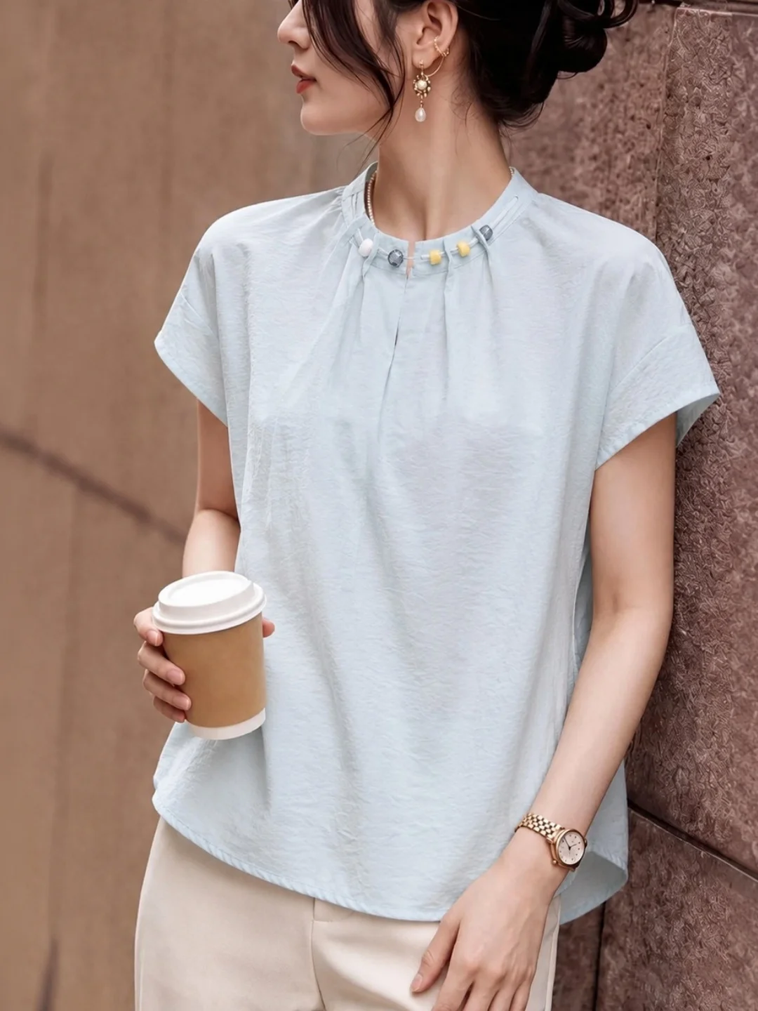 

Elegant Design Beaded Pleated Short Sleeve Summer Shirt Lightweight Chiffon Top Versatile Style Beautiful Small Shirt