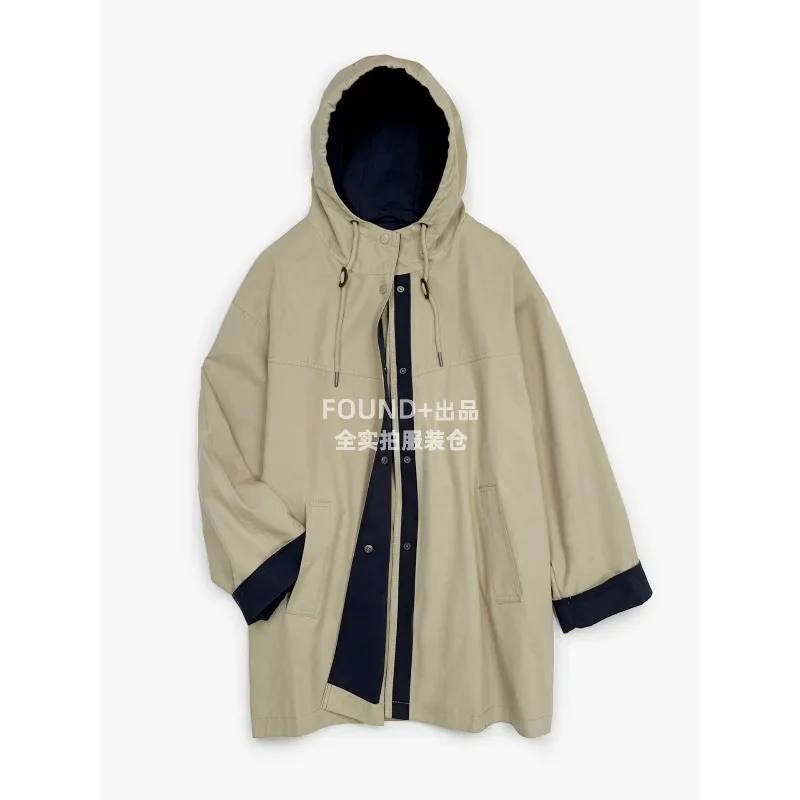 SuperAen Korean Safari Style Patchwork Color-blocking Hooded Trench for Women Loose and Mid-length Casual Spring and Autumn Tops