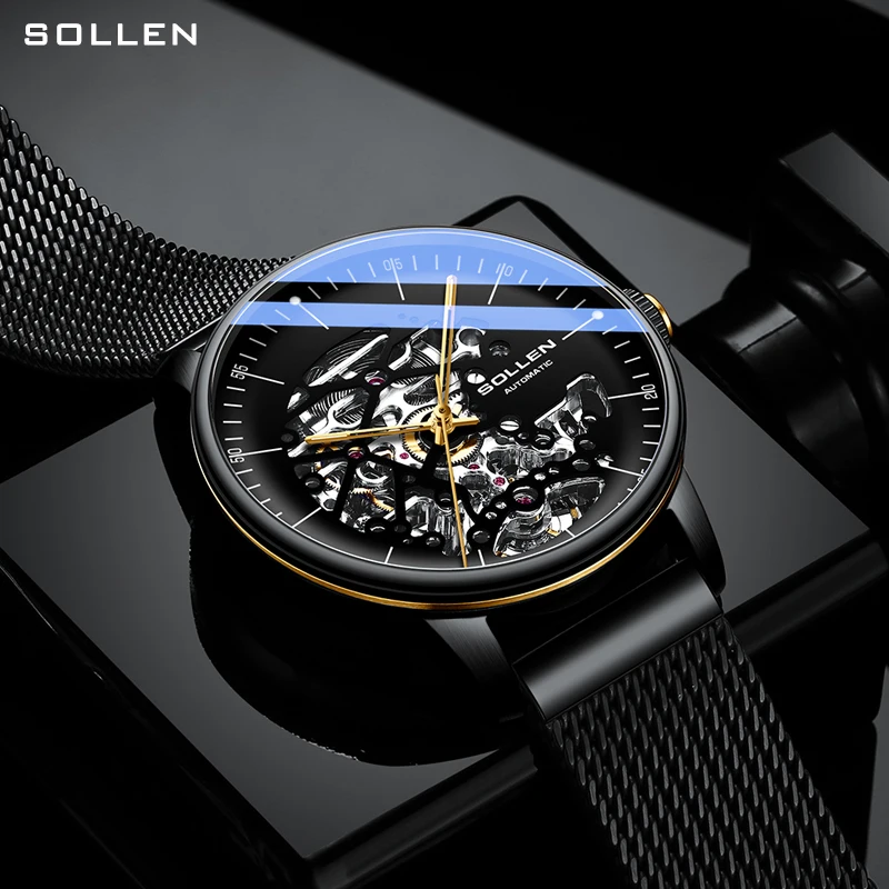 SOLLEN Men\'s Fully Automatic Mechanical Watch, Men\'s Watch, Curved Hollow Mesh Belt Style, Trendy Night Light Watch