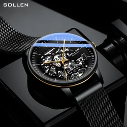 SOLLEN Men's Fully Automatic Mechanical Watch, Men's Watch, Curved Hollow Mesh Belt Style, Trendy Night Light Watch