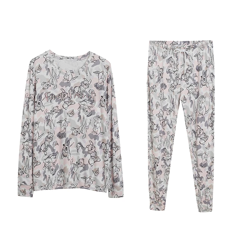 

Cartoon Print Soft Skin-Friendly Long Sleeve Sleepwear Pants Set Loose Fit Home Clothes Women's Cute Style round Neck Pullover