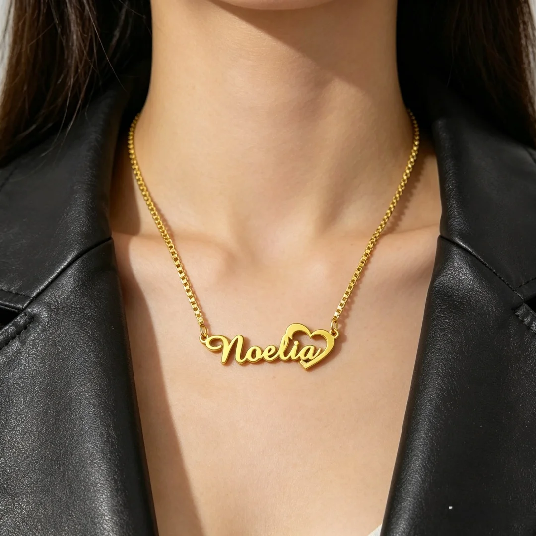 Custom Name Necklace for Women Heart Detail Personalized Stainless Steel Box Chain Nameplate Jewelry Gift