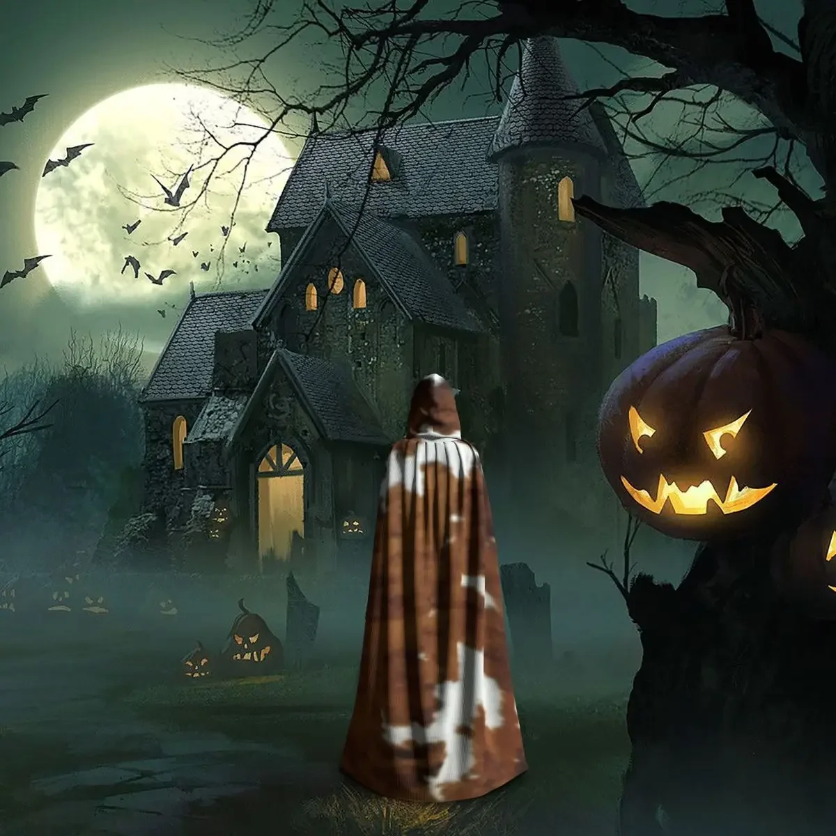 Brindle Cow Hide Long Hooded Cloak Witch Medieval Costume Cosplay Cape HalloweenVampire Adult Unisex