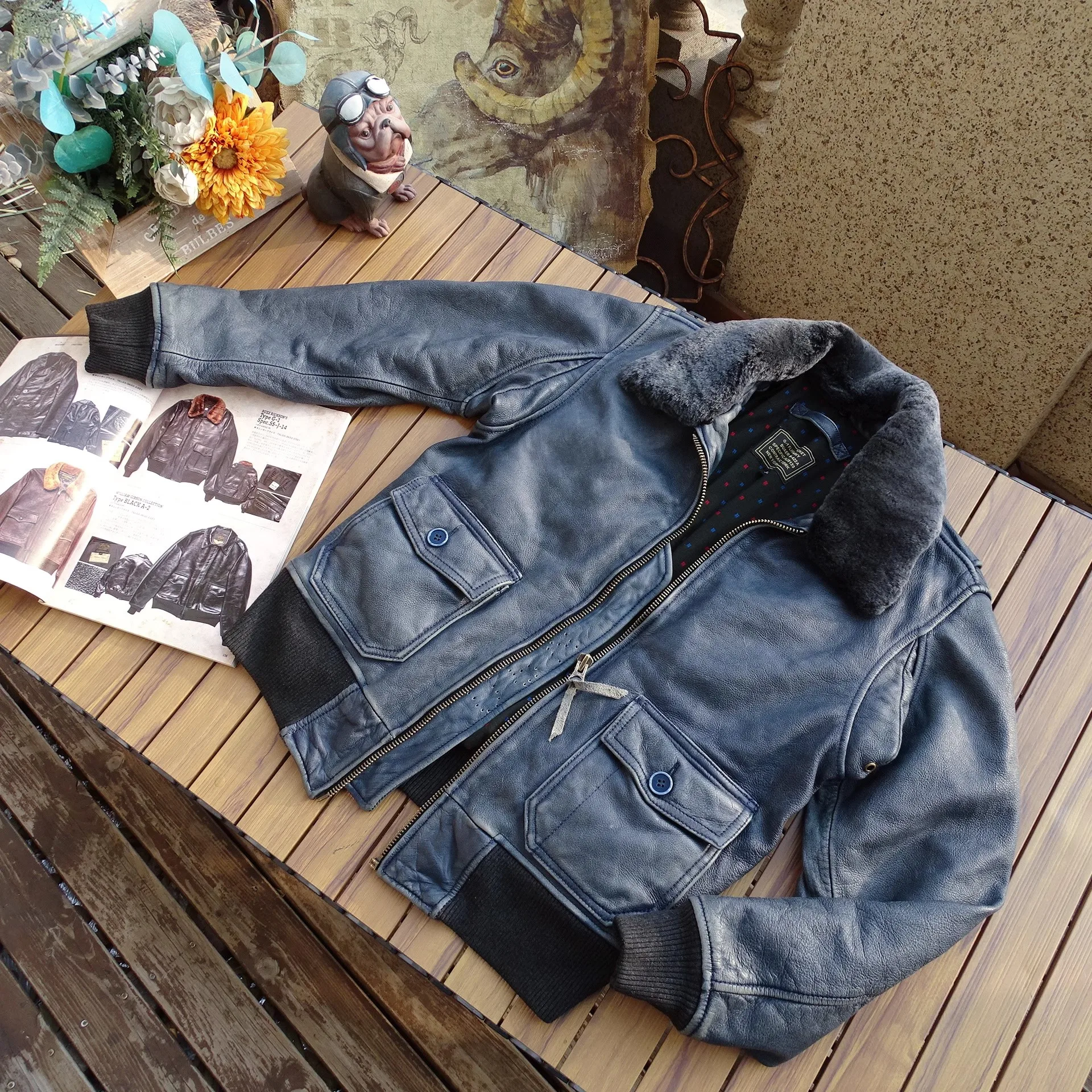 CC Shop Top.5XL Vintage indigo leather jacket.natural real soft cowhide coat.Classic Air Force G1 leather cloth.quality wear