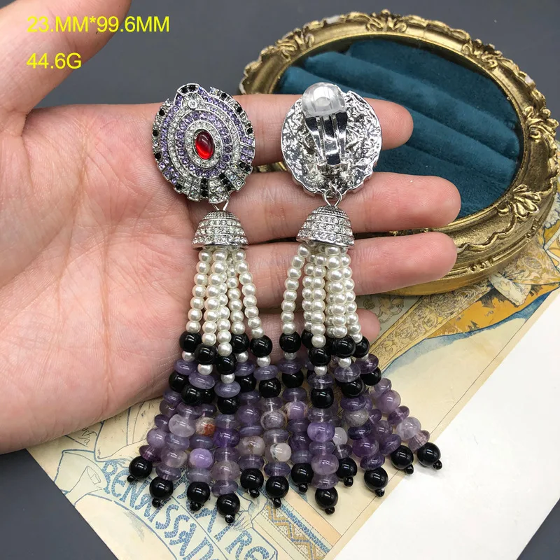 Vintage Amethyst Pearl Necklace Long Tassel Diamond Shoulder-Sweeping Earrings Versatile Jewelry Set Birthday Gifts for Women