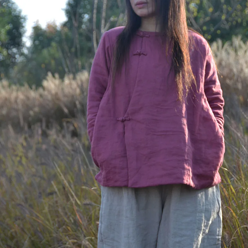 

Literary Ramie Solid Color Side Cardigan Frog Button Retro Thin Cotton-Padded Coat Women Autumn Winter Light Casual Short Jacket