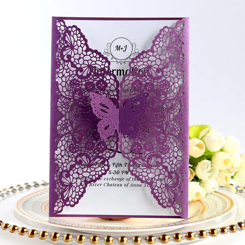 50szt Butterfly Hollow Laser Cut Wedding Invitation Card Covers Dostosowane Urodziny Zaręczyny Dekoracje Ślubne Materiały Imprezowe