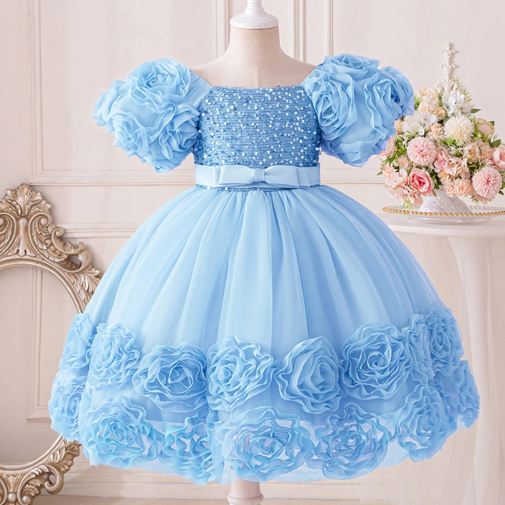 3D Flower Girls Party Princess Dress for Baby Christmas Gown 1-10 Yrs Birthday Bow Tulle Bridemaid Dresses Wedding Kids Clothing