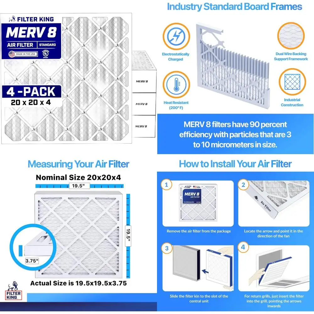 

20x20x4 MERV 8 Air Filter 4-Pack - Dust & Allergy Control HVAC Pleated Filters, Made in USA