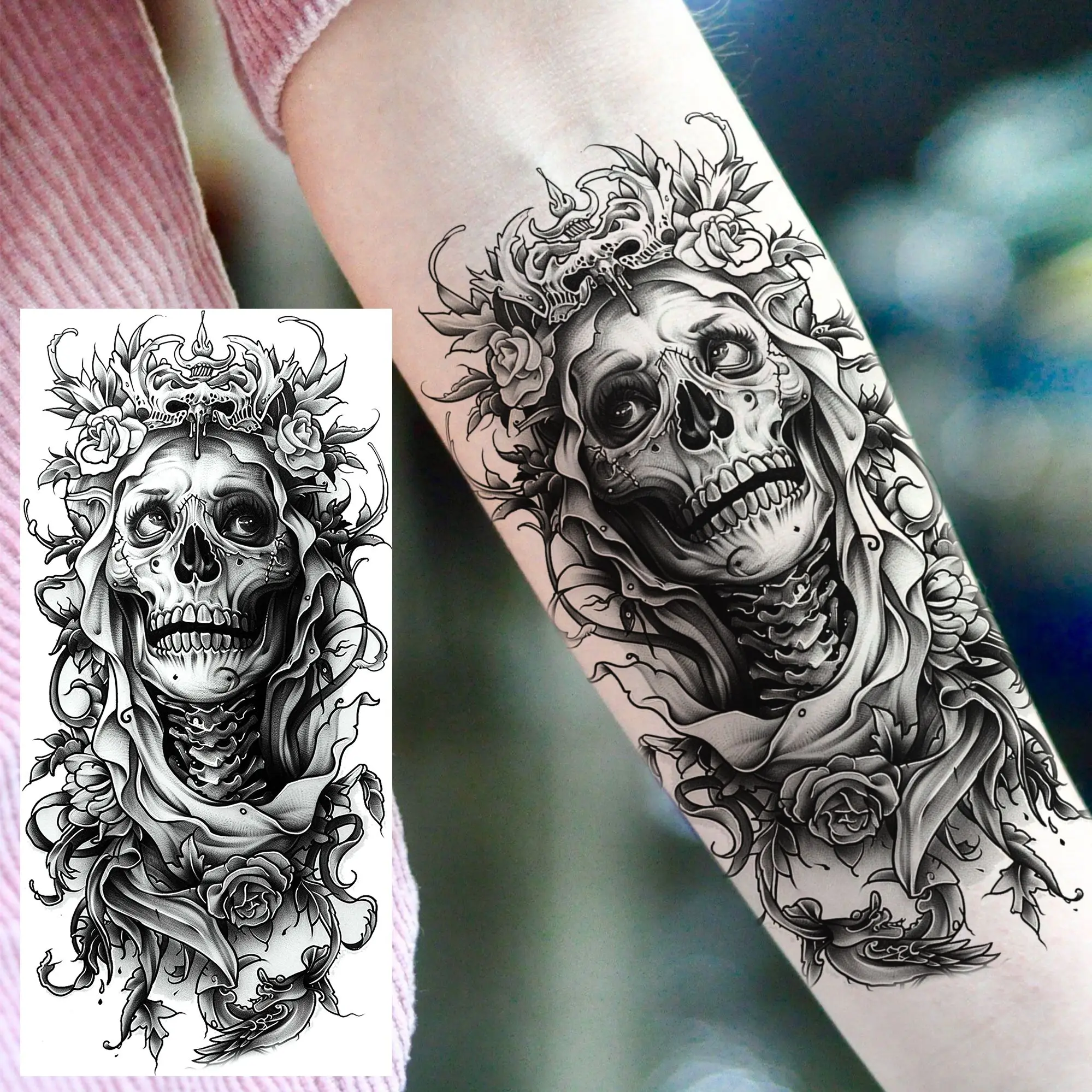 1 Sheet Creative Skull Skeleton Temporary Tattoos For Men Women Halloween Tatoos Waterproof Fake Tattoo Arm Sticker Long Lasting