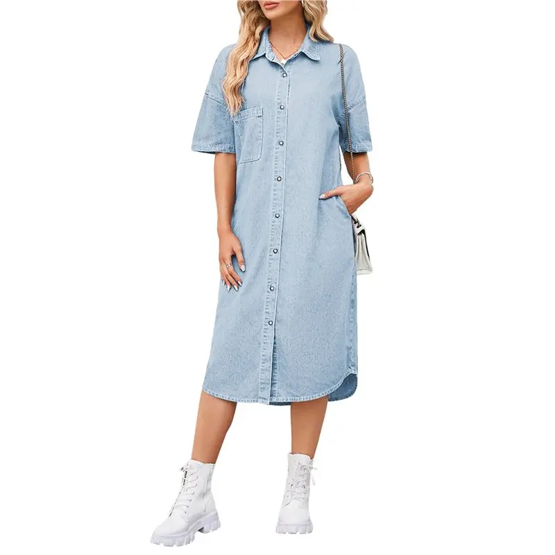 

Женское джинсовое платье макси CYL с коротким рукавом, свободного кроя, с эффектом потертости, повседневное, летнее