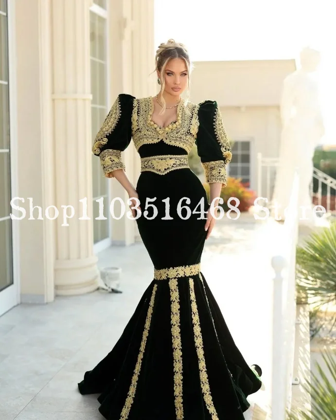 Schwarzes Meerjungfrau-Abendkleid aus dem Nahen Osten 2025, luxuriöses, halbe Ärmel, goldfarben, appliziert, arabisches ethnisches Hochzeitskleid, Ballkleider