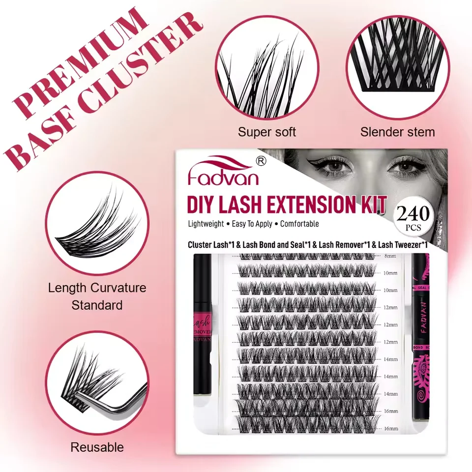 FADVAN Segemented DIY Lash Extension and Glue Suit 12Rows 8-16mm Length Waterproof Use to Easy Eyelsah Suit