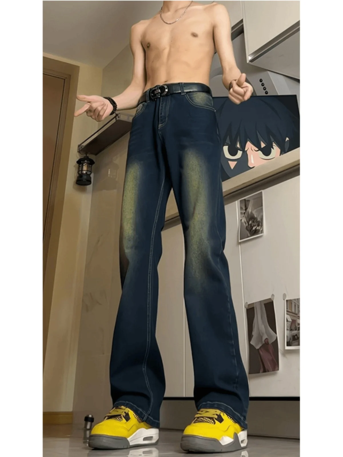 

High Waist Slimming Blue Jeans Men's High Street Vibe Casual Pants adual Waed Micro Flared Straight Leg Jeans