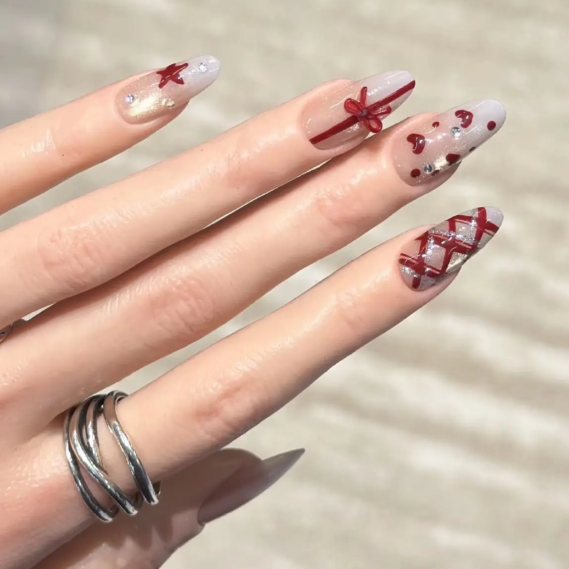 

Набор из 10 накладных ногтей «Кошачий глаз» в форме миндаля, ручной работы, с красным узором «Любовь», готовые к носке, самоклеящиеся, искусственные ногти, Uñas, Накладные Ногти, 네일팁