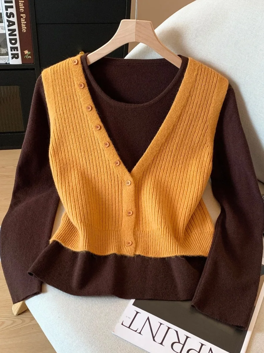 

Recommended Self-Preserved ort V-Ne Knitted Vest Tank Top round Ne Long Sve Base irt Women Two-Piece Set Upper Body