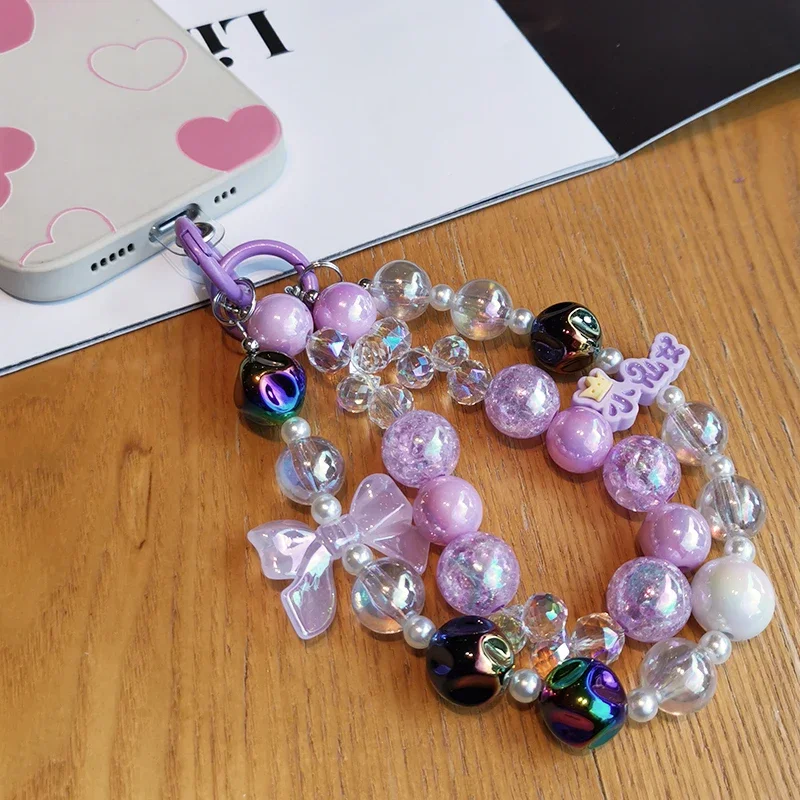 Mobile Phone Lanyard Fairy Crystal Wrist Crack Bead Double Chain Clip Butterfly Bow Pendant Anti Loss Bracelet  Cute Lanyards