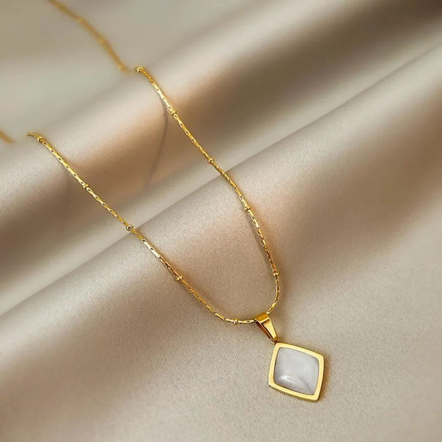 316L Stainless Steel Simple Square Opal Pendant Necklaces For Women Snake Bone Clavicle Chain Fashion Fine Jewelry Party Gifts