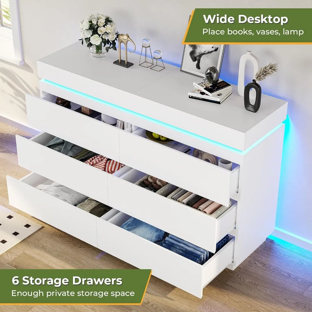 Commode de chambre à coucher avec dessus coulissant, grande tour de rangement, station de charge, lumières LED, 6 portes de proximité