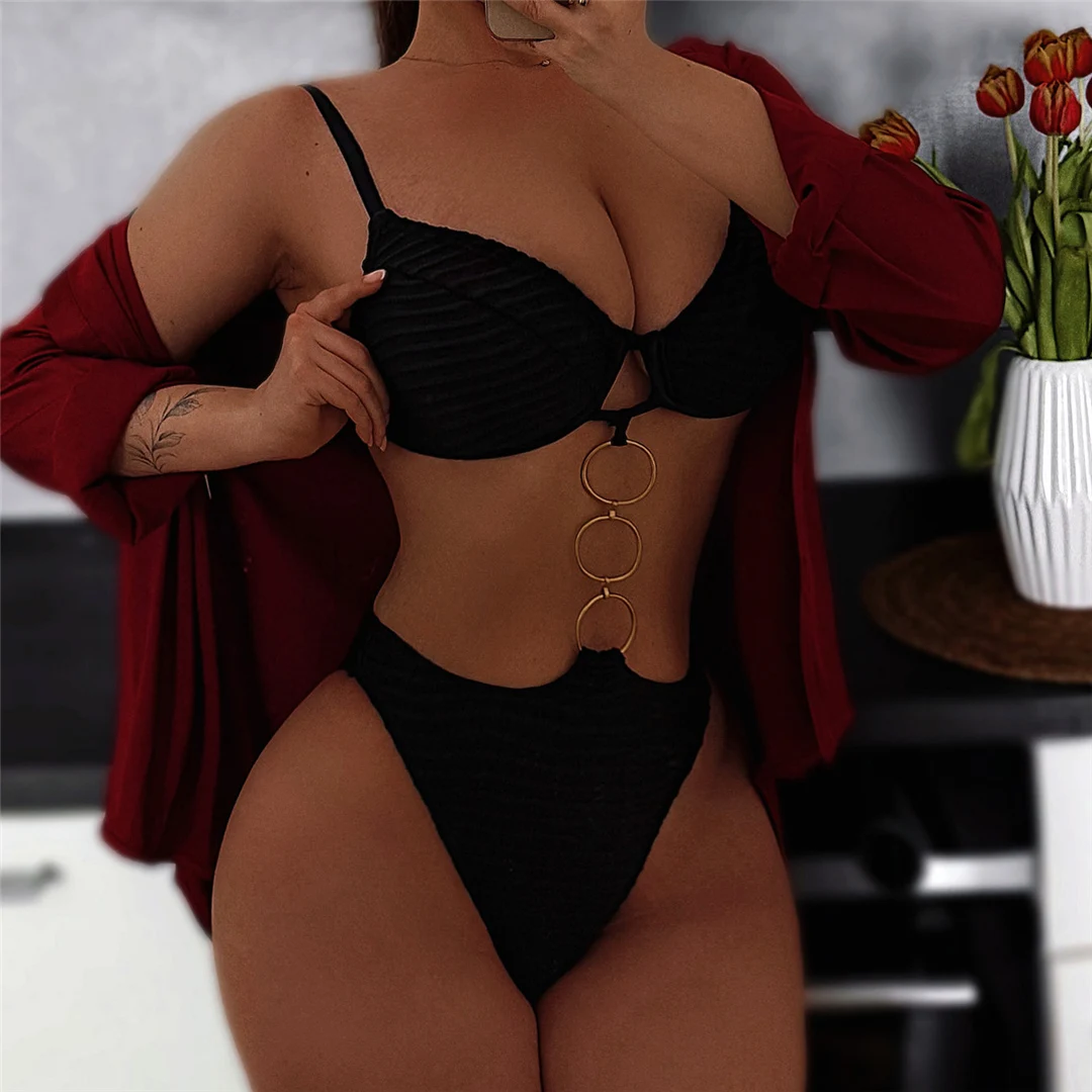 Badeanzug mit hohem Beinausschnitt, Badebekleidung für Damen, mit Metallringen, geraffter Stoff, mit Bügel, einteiliger Badeanzug, Damen-Monokini V7037 – Detail 4