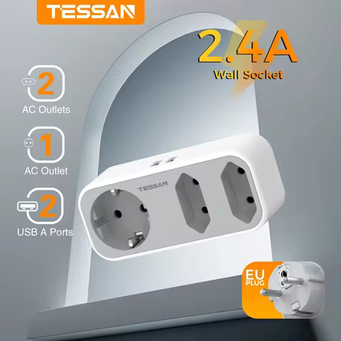 TESSAN Multi Wall Socket Extender with 2 USB Ports 2 Euro Sockets 1 Schuko Outlet Wall Double Plug Adapter for Home Office Room