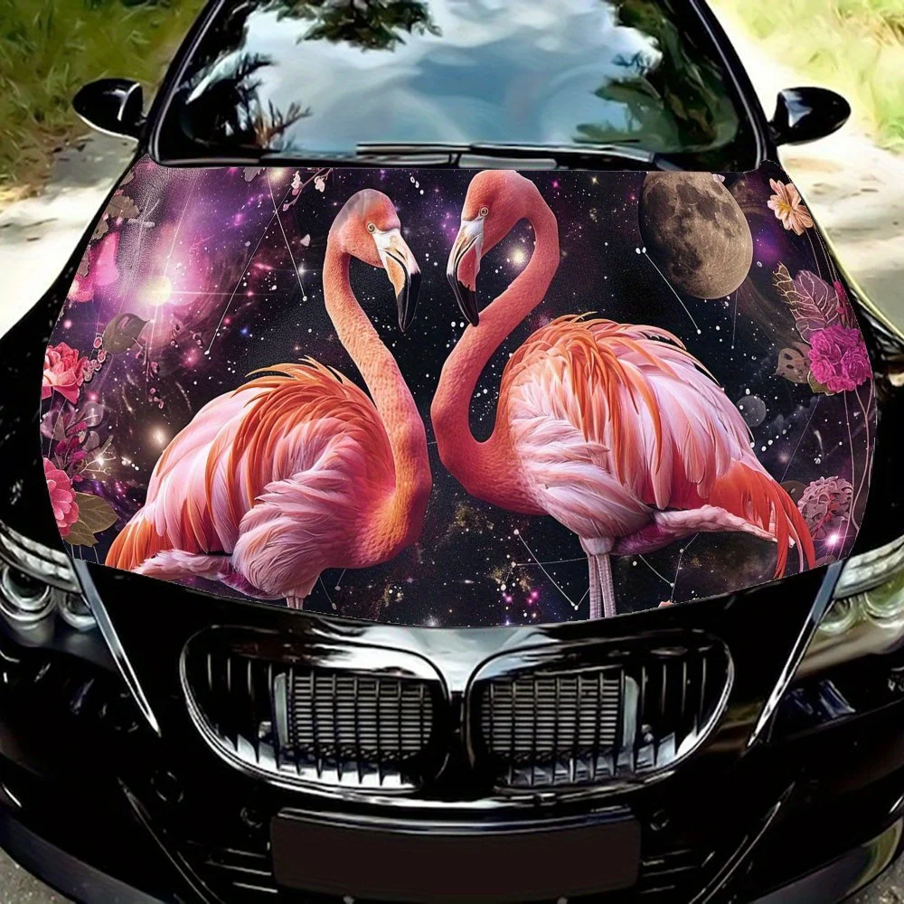 

Romantic Pink Flamingo Star Car Hood Vinyl Wraps Sticker, Car Engine Decal, Waterproof Self-adhesive Car Packaging Cover, Univer