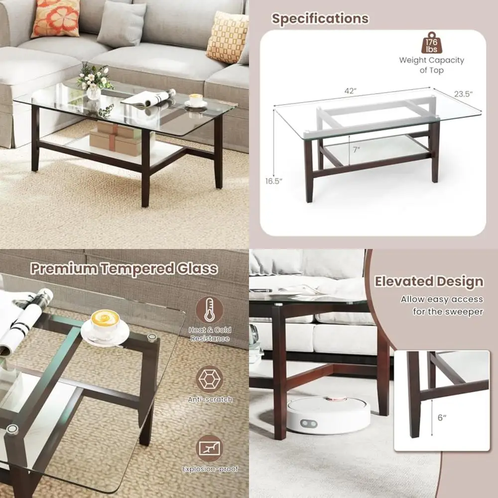 

42-дюймовый прямоугольный стеклянный журнальный столик с двухуровневой полкой и ножками из массива каучукового дерева, центральная часть в современном стиле