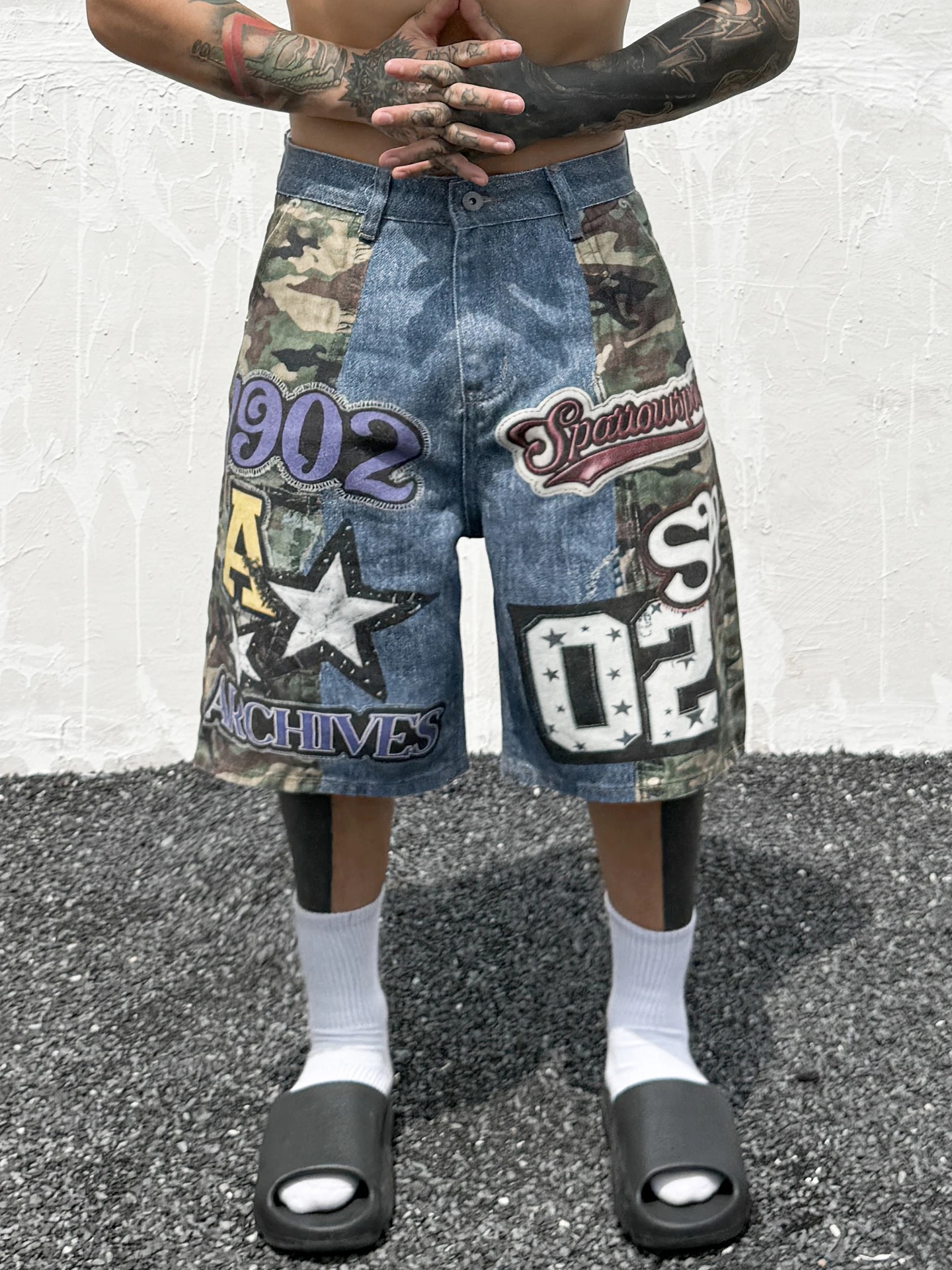 American Vintage Street Camouflage Gym Shorts Letter Print Five-Point Jeans Loose Wide Leg Shorts Summer Fashion Men Clothing