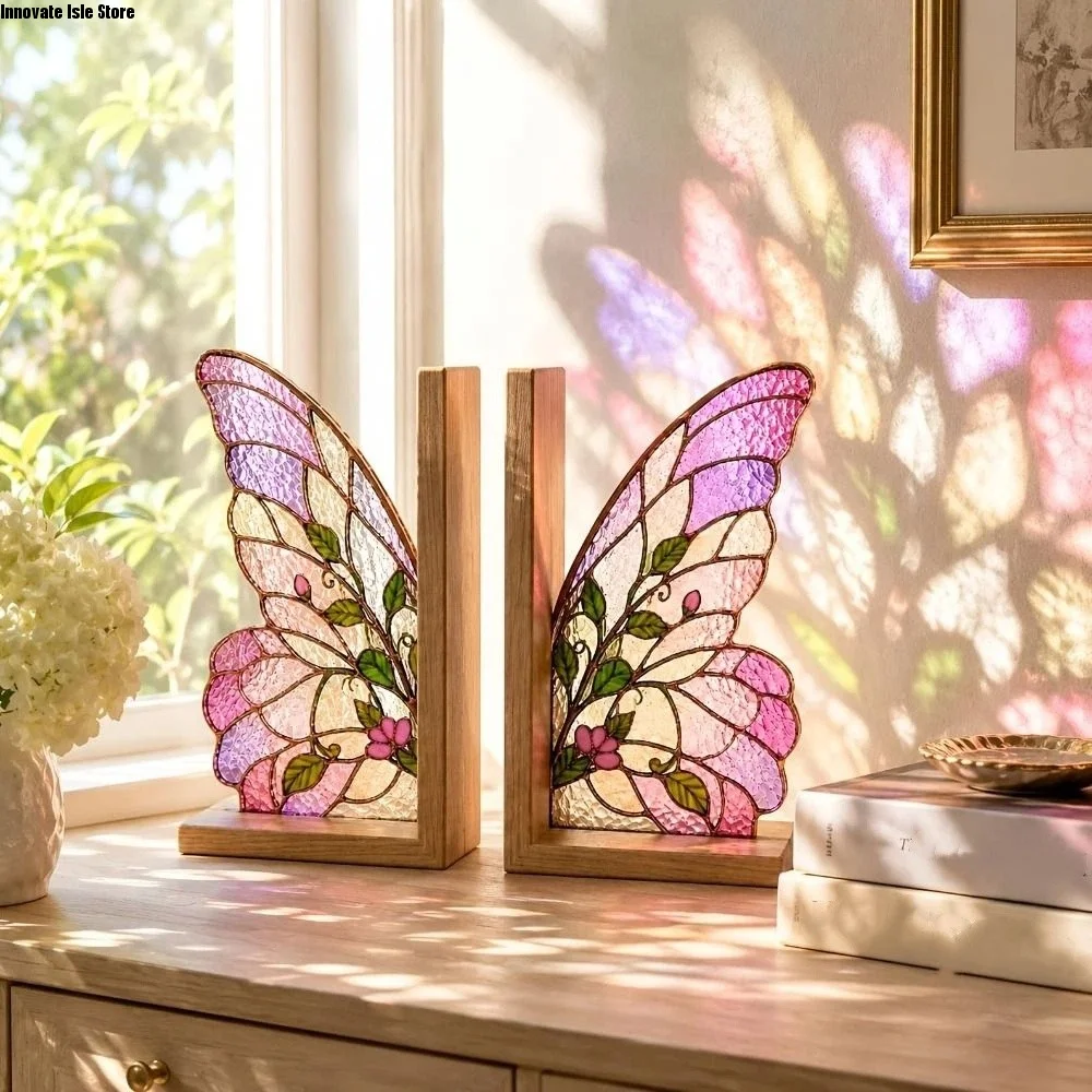 Beauty Colorful Butterfly Wings Bookend Set Acrylic Desktop Organizer Book Support with Bases Decorative Book Stand Home Shelves