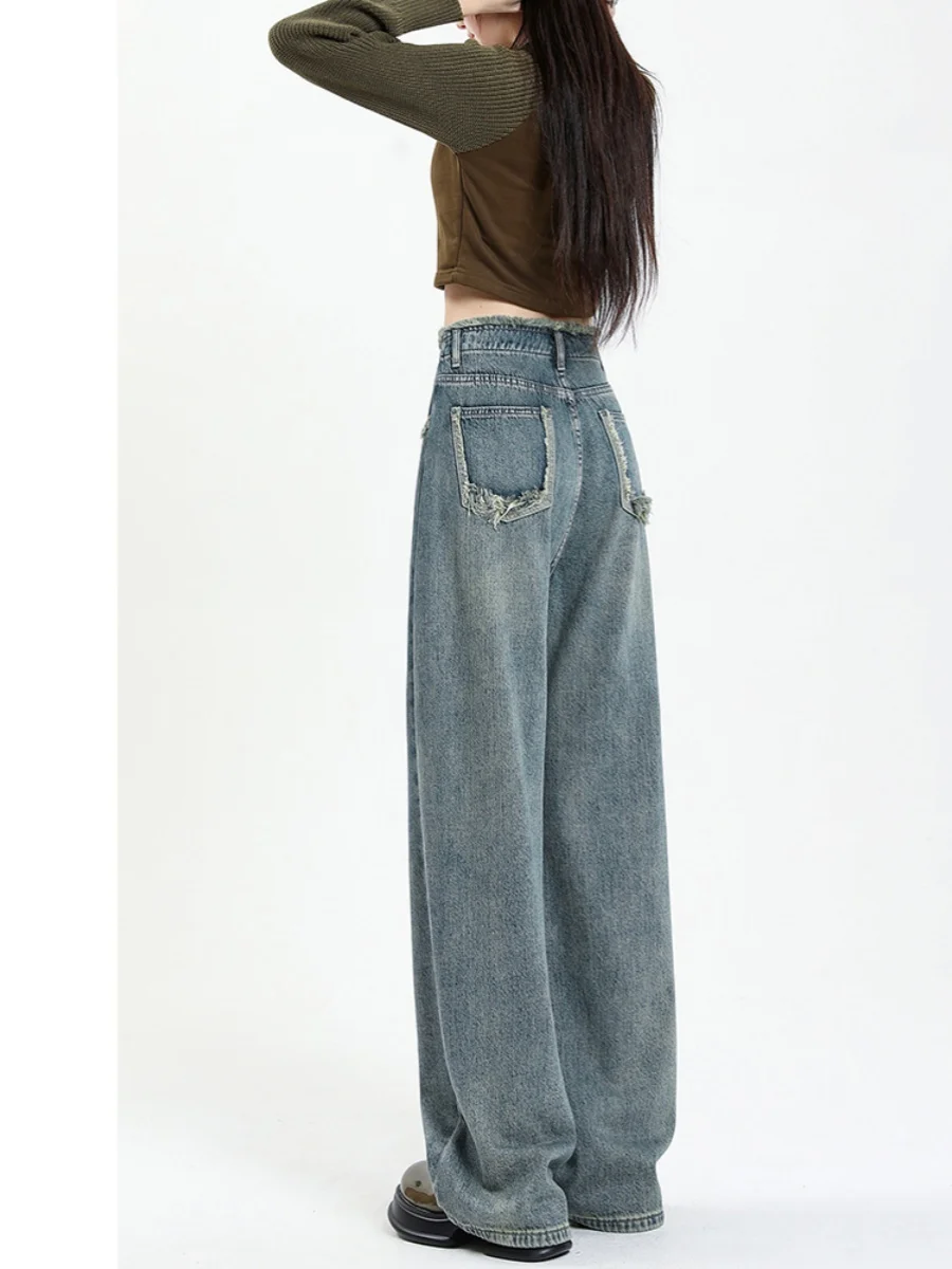 2025 Vintage Distressed Wide-leg Jeans Women's Spring Summer New Loose-fit Slimming Draped Trailing Straight-leg Trousers Wh6