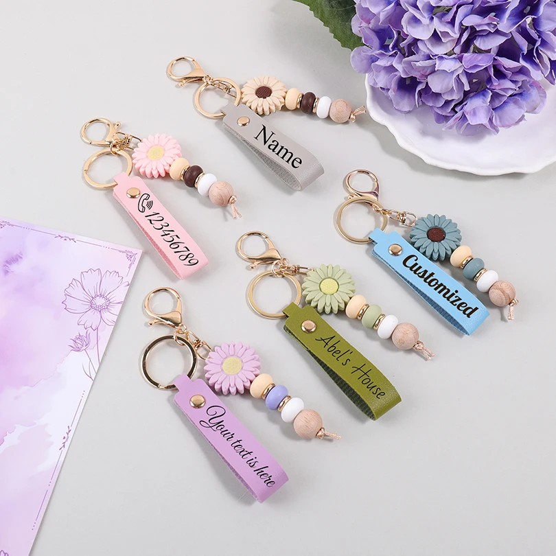 Daisy Pendant Custom Text Keychain Personalized Name Key Ring Laser Engraving Bag Gift Party Favors Customized Name Key Chain