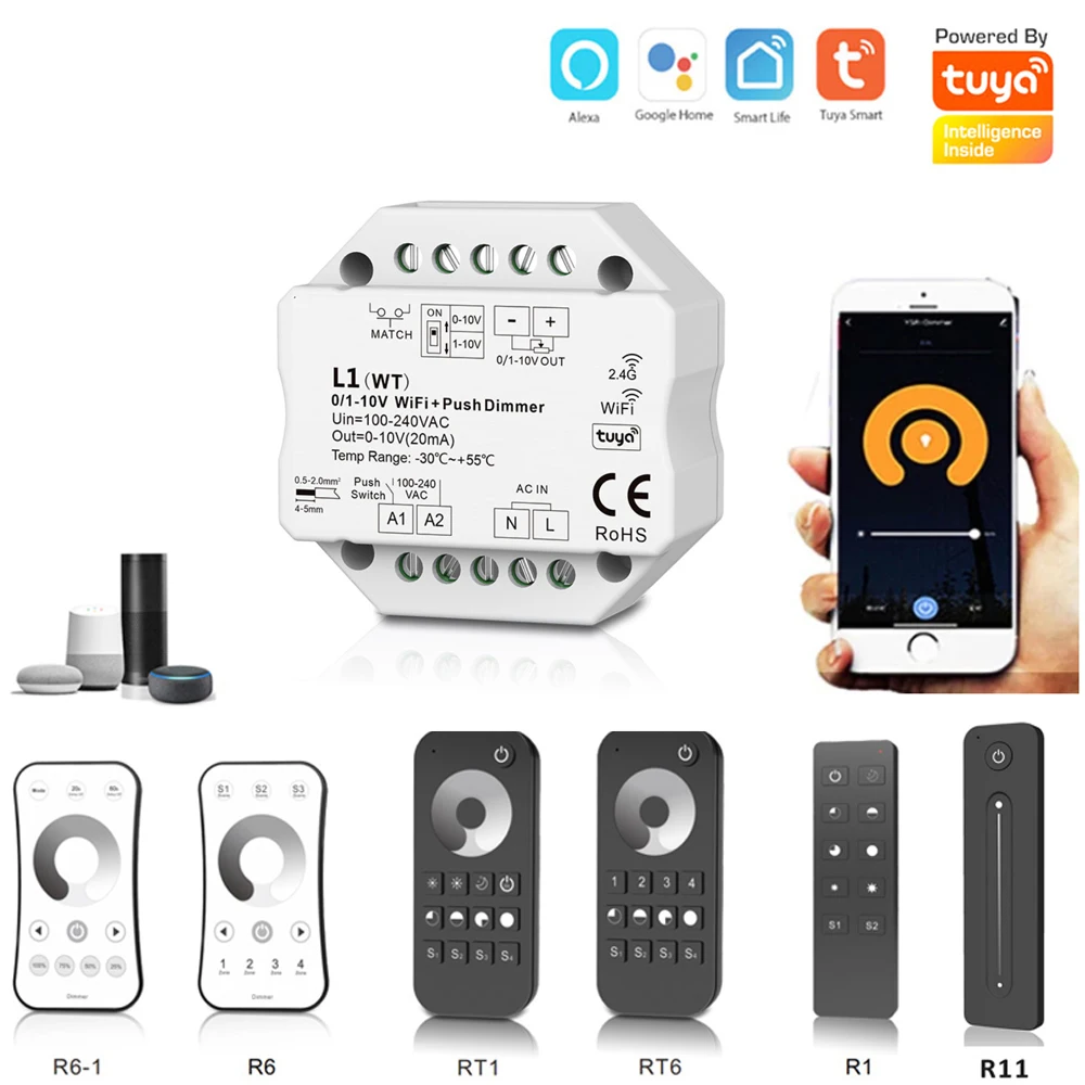 

L1 0/1-10V Tuya WiFi AC Push LED Dimmer Switch Wireless 2.4G RF Dimming Remote Control APP Voice Control for Echo Plus Google