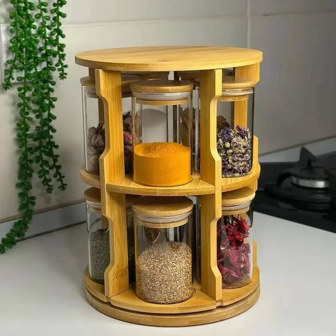 

(Rotating bamboo storage rack) - Glass storage container set, sealed spice jar, equipped with a rotating bamboo storage rack