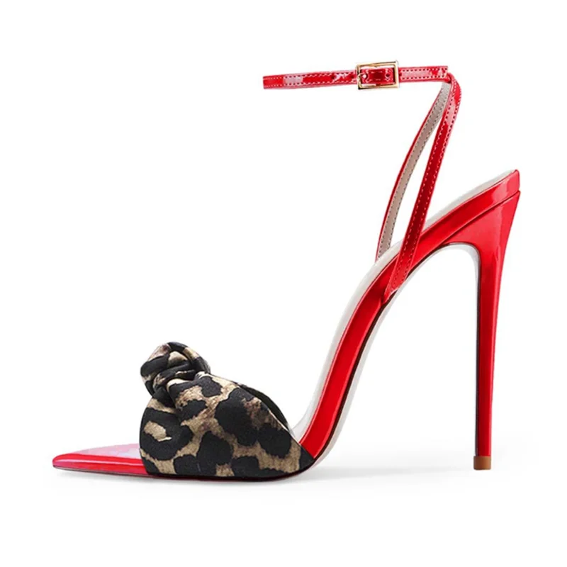 

Knot Leopard Pointed Toe High Heel Sandals Red Patent Leather Ankle Strap Stiletto High Heels Banquet Shoes 12cm 10cm 8cm