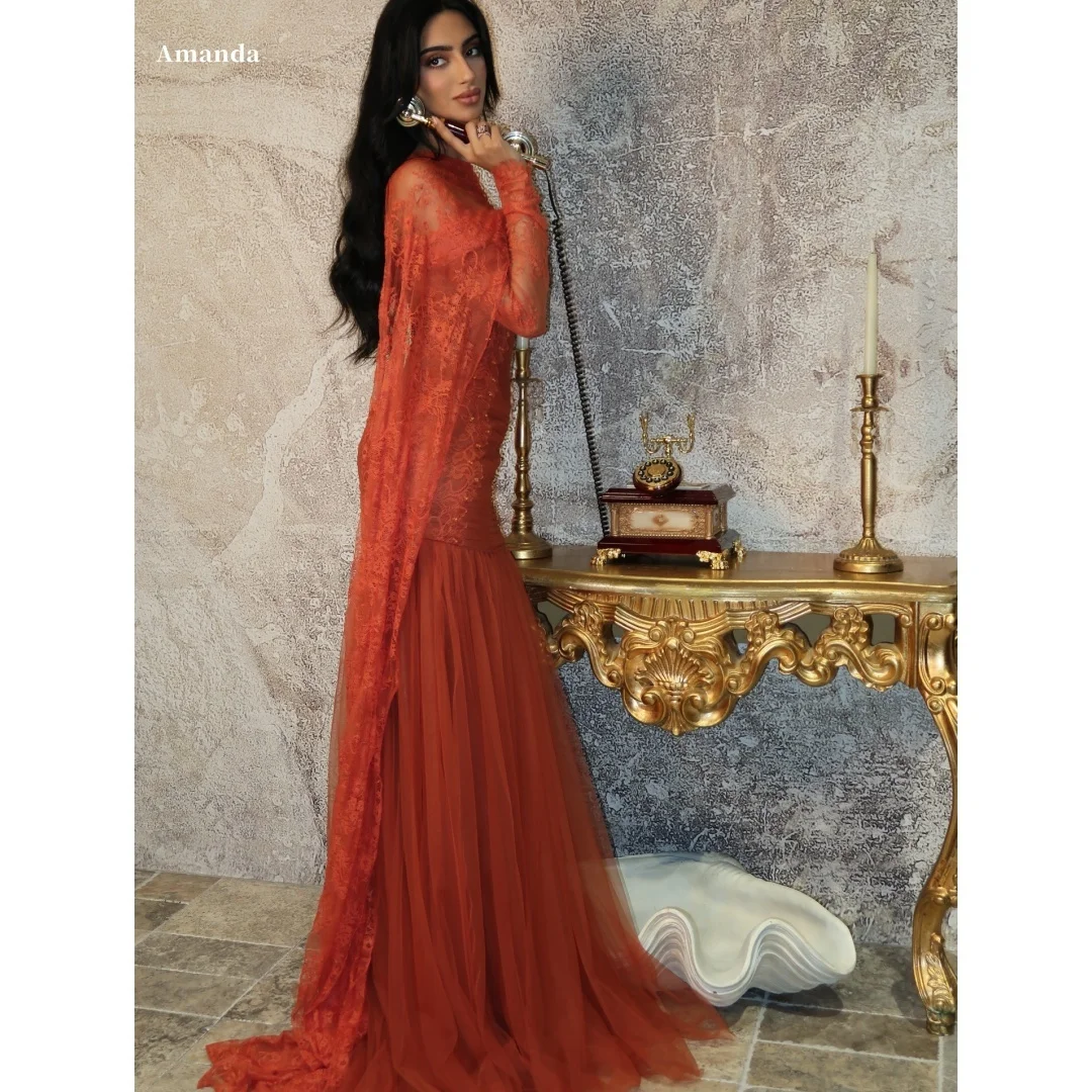 

Amanda Customized Rust Orange Prom Dress with Lace Bodice and Flowing Tulle Cape Detail vestidos de noche Formal Evening Gowns