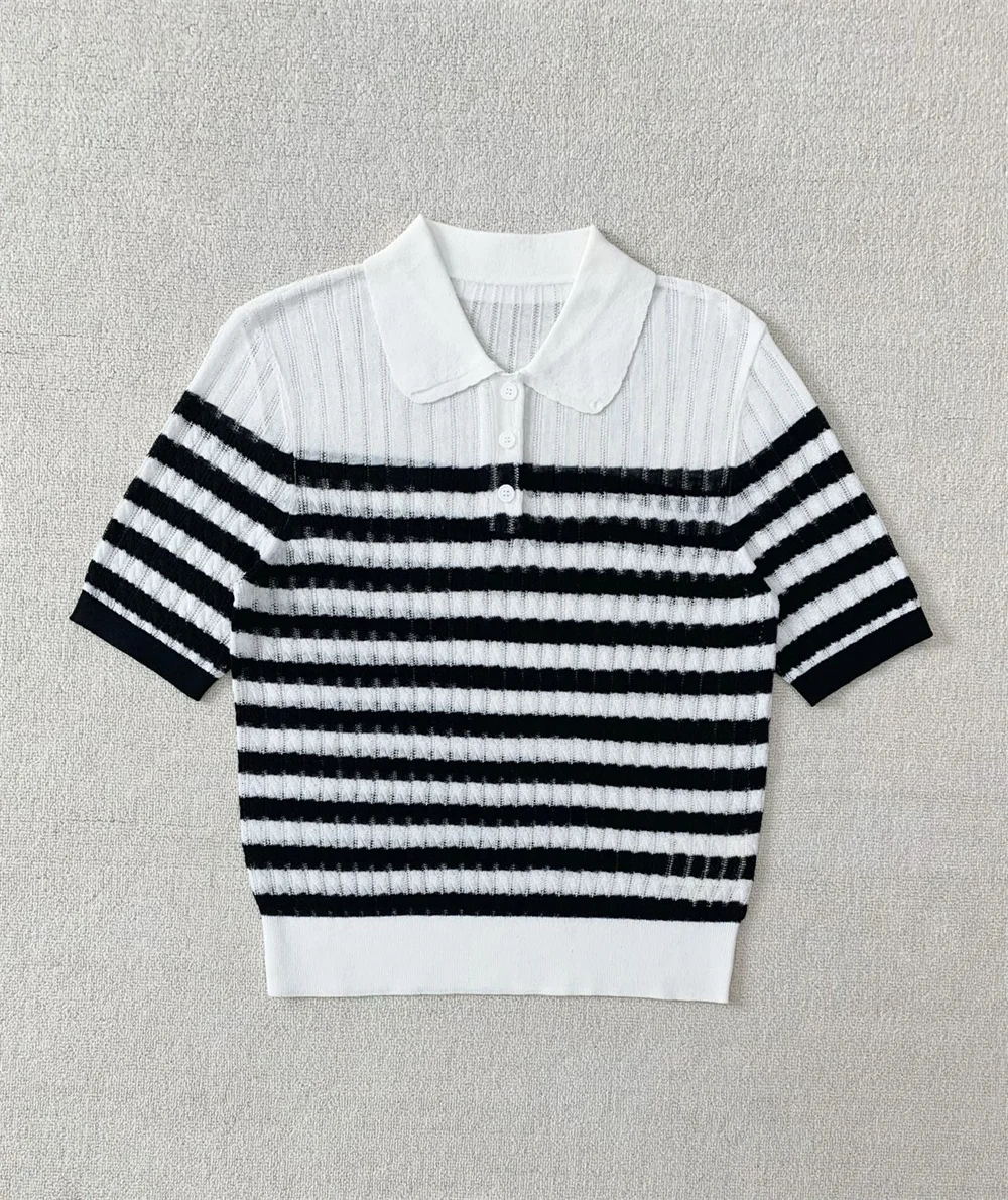 

Women's Simple Versatile Classic T-Shirts and Striped Hollow Half-Button Thin Knitted Short-Sleeved Polos Top
