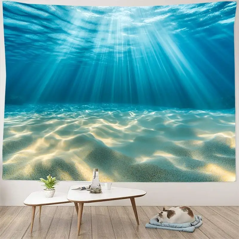 Underwater World Tapestry Deep Blue Ocean Wall Hanging Sunlight Gravelly Bottom Scene Wall Tapestry for Bedroom Living Room Dorm