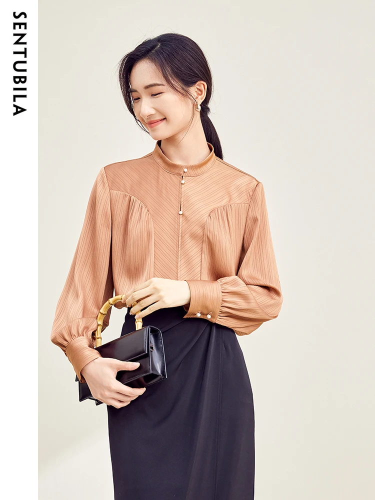 SENTUBILA Stand Neck Striped Blouse Woman New Collection 2024 Pullover Long Sleeve Top Elegant Autumn Shirts & Blouses 133C50493