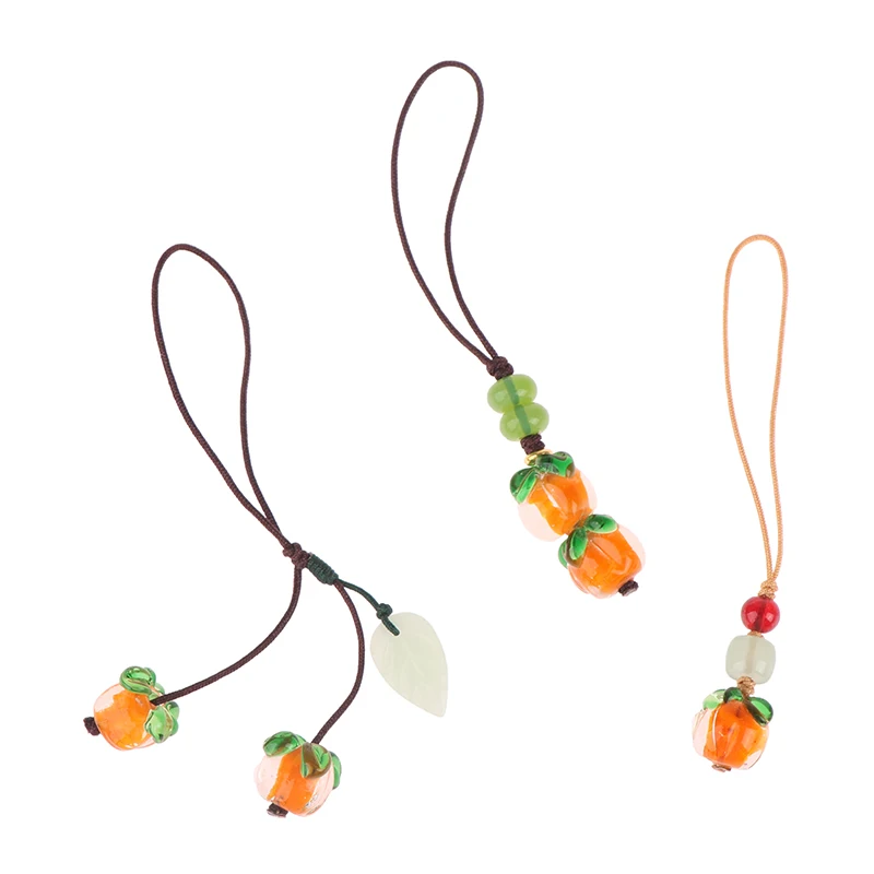 Smoothly Glass Persimmon Mobile Phone Chain Hanging Rope Retro Chinese Style Leaves Key Hanging Pendant Jewelry