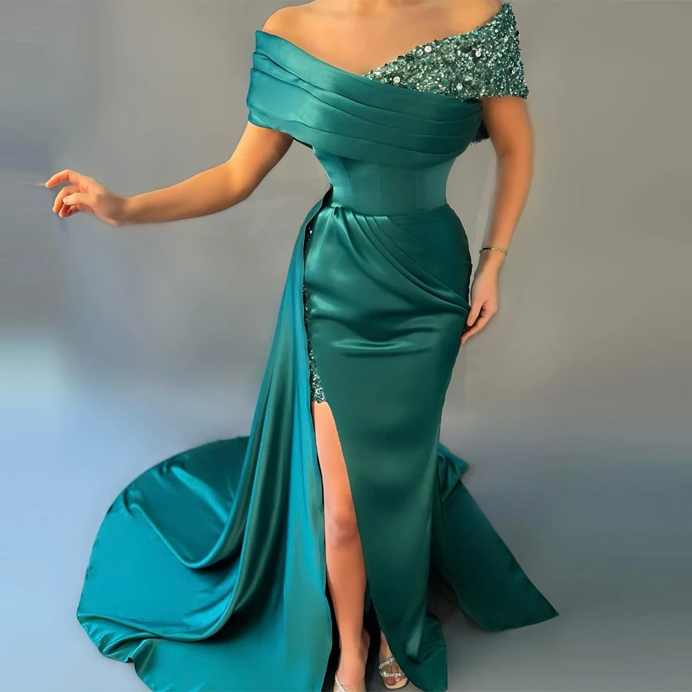 

Exquisite Birthday Party Dresses Satin Mermaid/Trumpet Celebrity Dress Turquoise Off-the-shoulder Beads Pleat Evening Dress Long