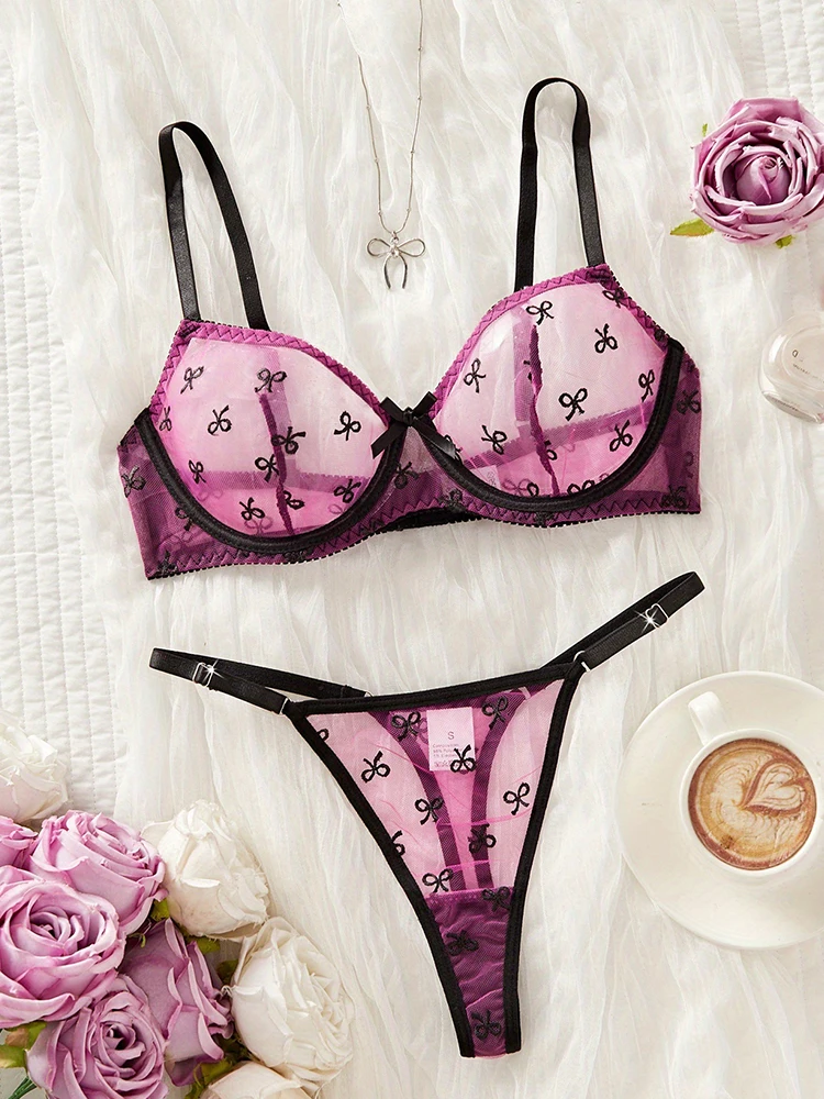 Women's Lingerie Sets Sweet Bow Embroidered Mesh Underwear Three-point Bra and Panties Sets French Style Ultrathin Sexy Lingerie